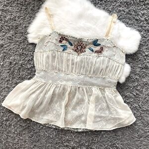 Due Per Due Silk Embroidered Cream Peplum Top